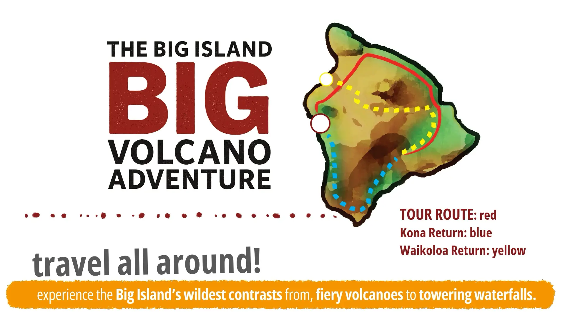Map graphic showing The Big Island BIG Volcano Adventure tour route across Hawaiʻi Island, with return routes to Kona and Waikoloa.