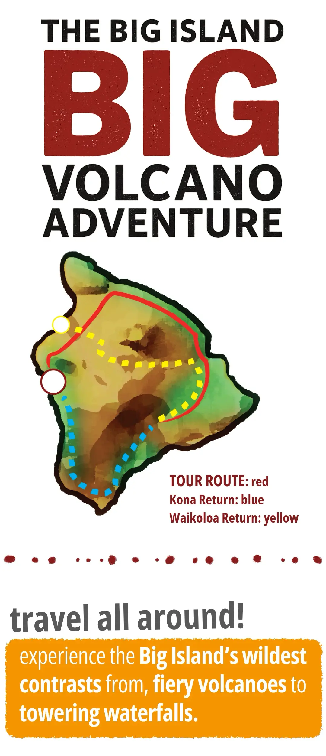 Map graphic showing The Big Island BIG Volcano Adventure tour route across Hawaiʻi Island, with return routes to Kona and Waikoloa.