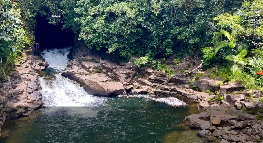 Waterfall emerging from a lava tube into Kawanui Stream on the Hāmākua Coast, Big Island of Hawaiʻi.