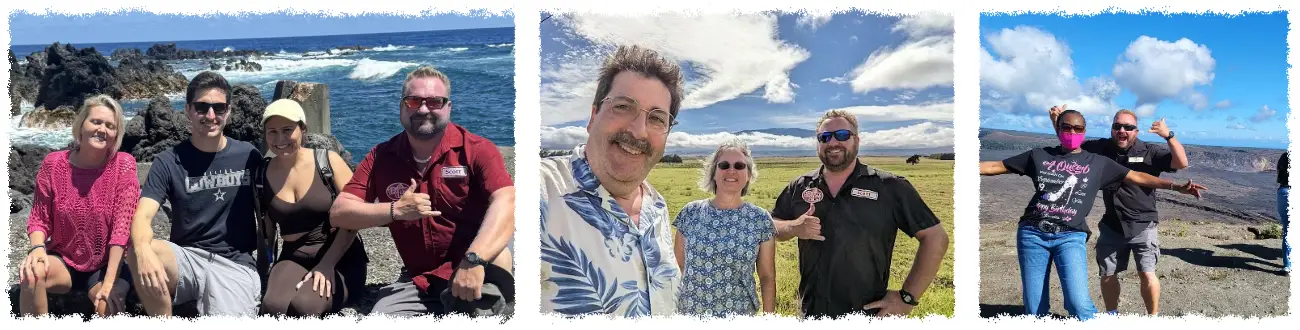 Happy guests on private Big Island tours with The Volcano Van, enjoying coastal views, open landscapes, and volcanic scenery alongside their guide.