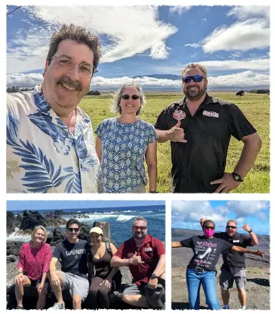 Happy guests on private Big Island tours with The Volcano Van, enjoying coastal views, open landscapes, and volcanic scenery alongside their guide.