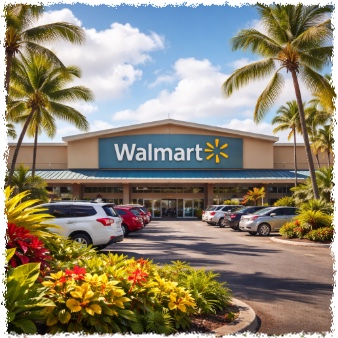 Walmart on the Big Island of Hawaiʻi surrounded by palm trees, representing practical stops during custom private tours.